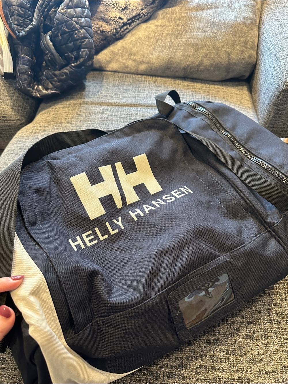 Helly Hansen Black Duffel Bag with White Logo and Beige Accents